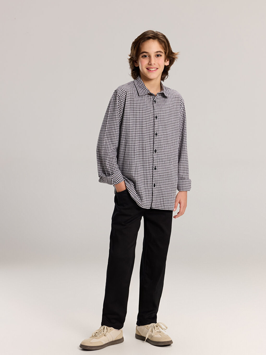 Siyah Uzun Kollu Ekose Erkek Çocuk Gömlek-1