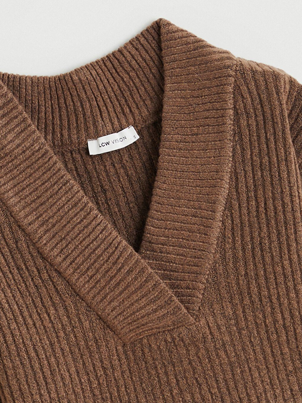 Kahverengi V Yaka Kadın Triko Kazak-5