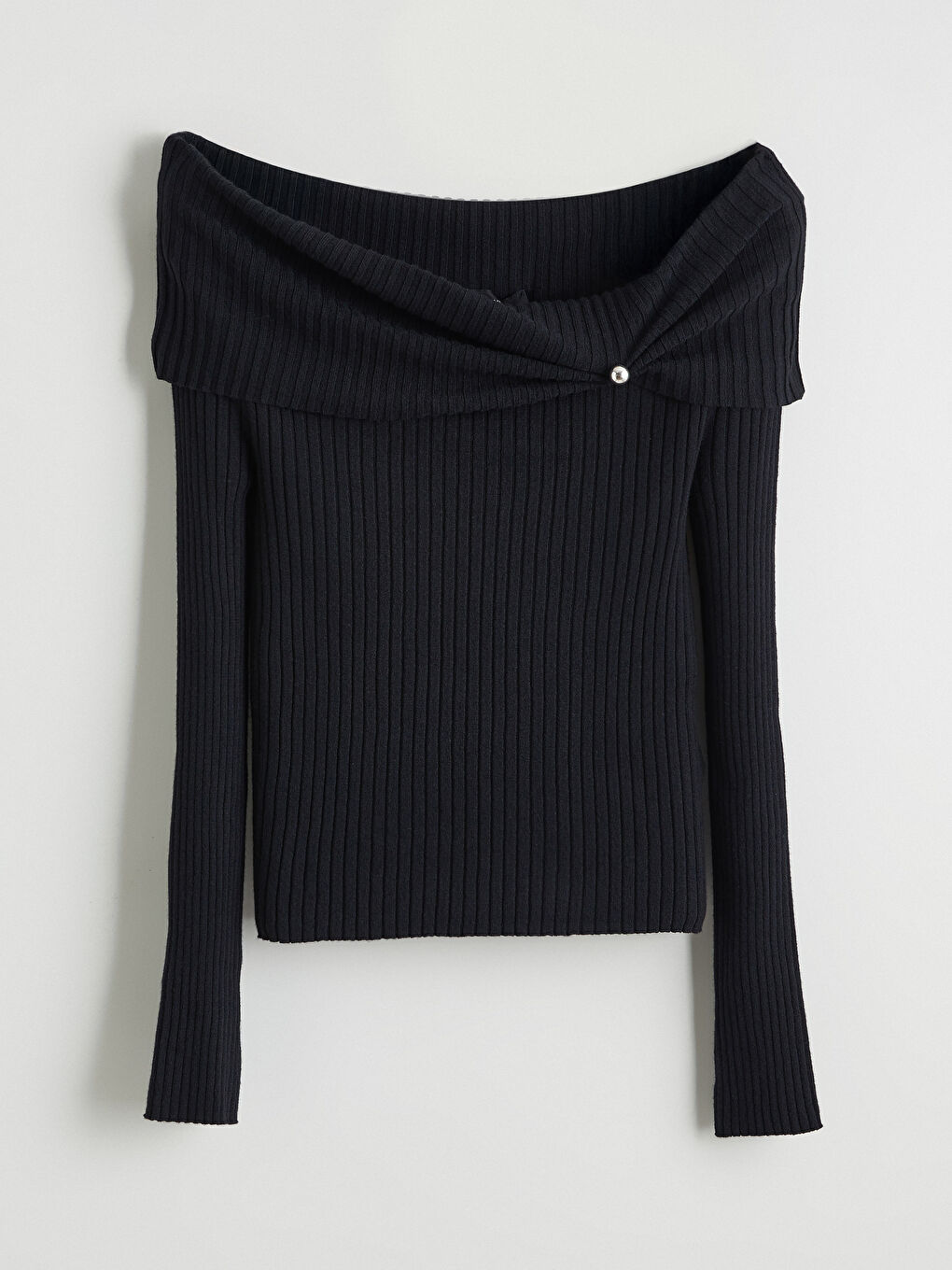 Siyah Kayık Yaka Kadın Triko Kazak-4