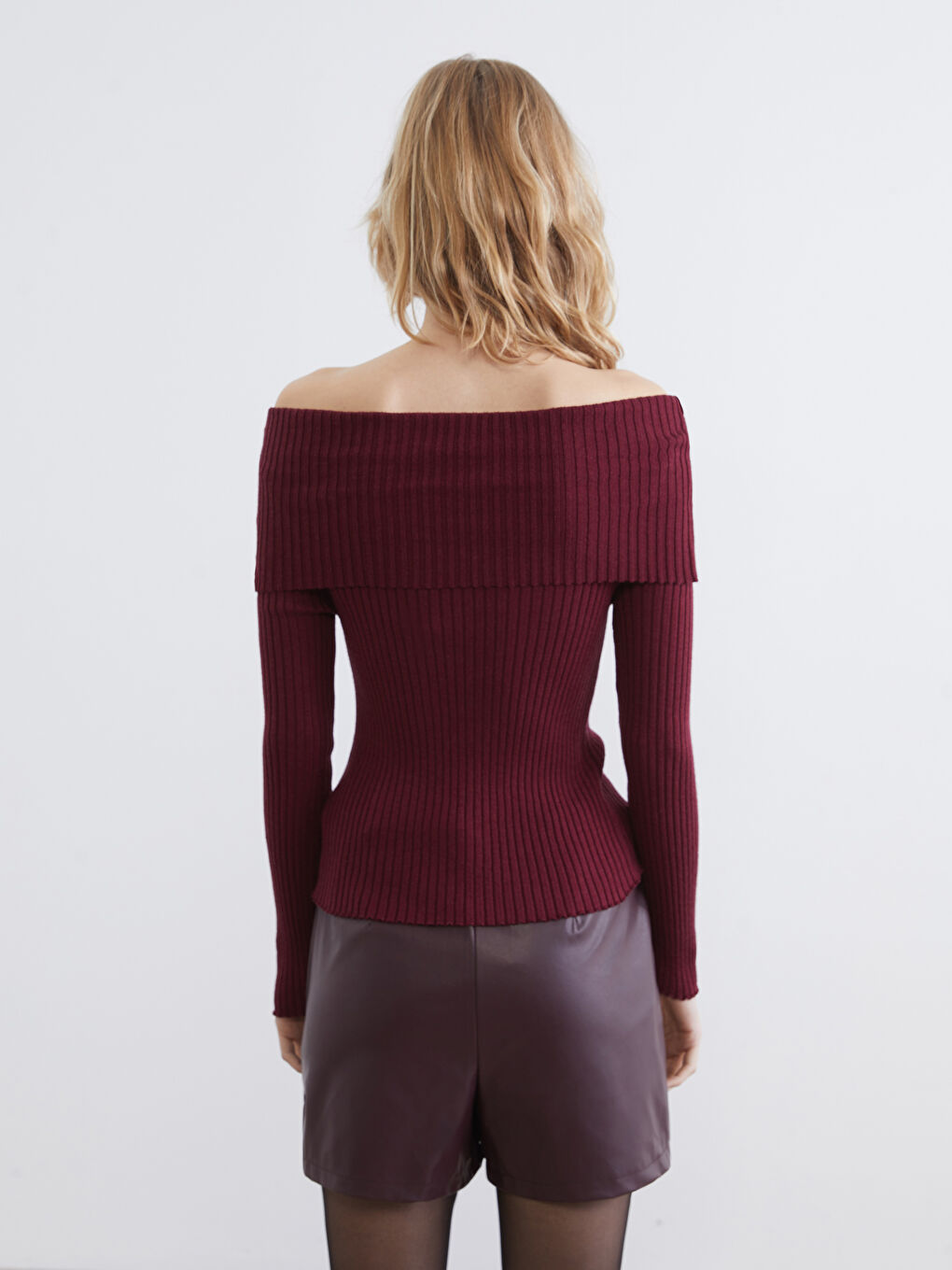 Bordo Kayık Yaka Kadın Triko Kazak-3