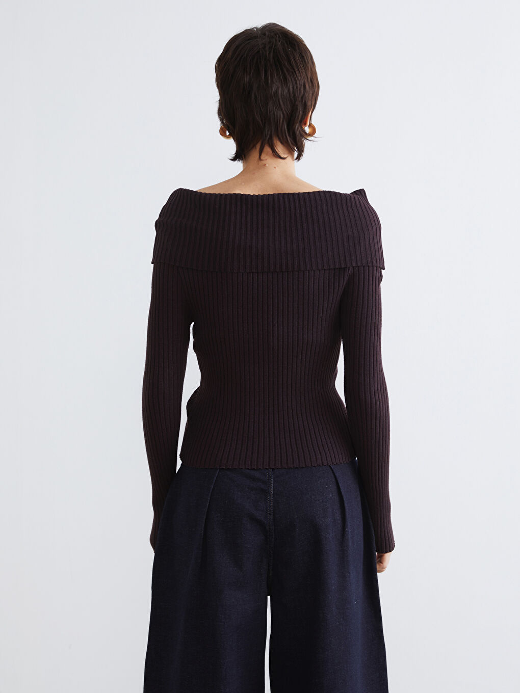 Kahverengi Kayık Yaka Kadın Triko Kazak-3