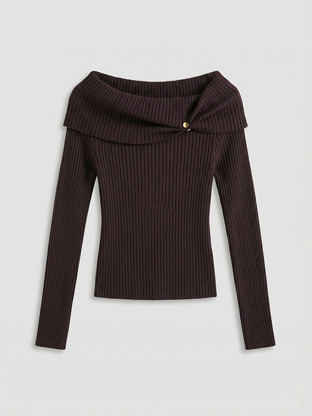 Kahverengi Kayık Yaka Kadın Triko Kazak