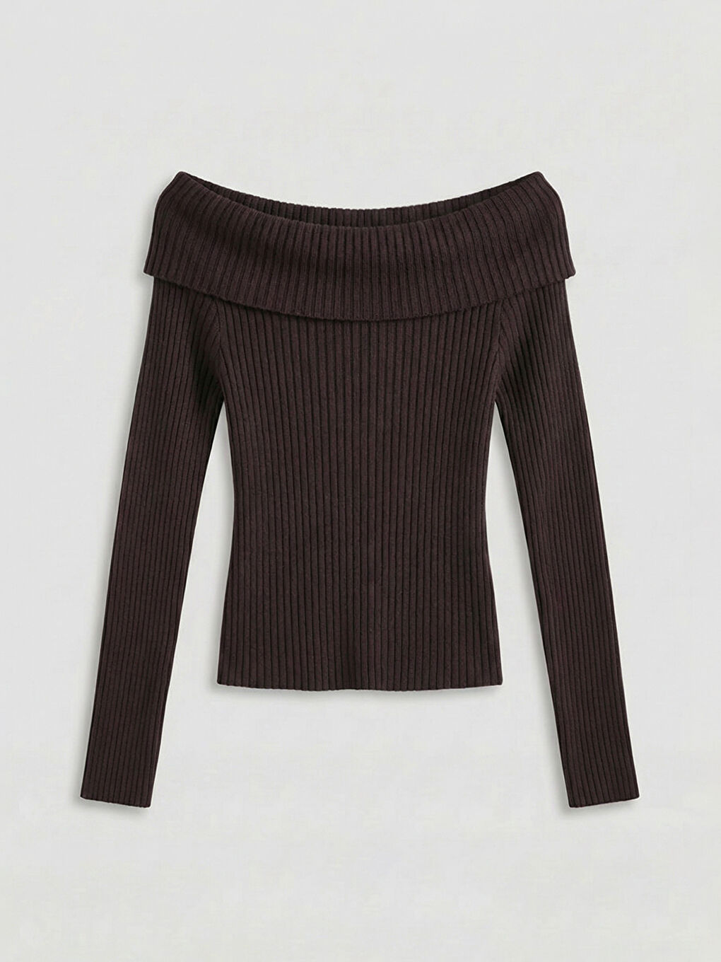 Kahverengi Kayık Yaka Kadın Triko Kazak-1