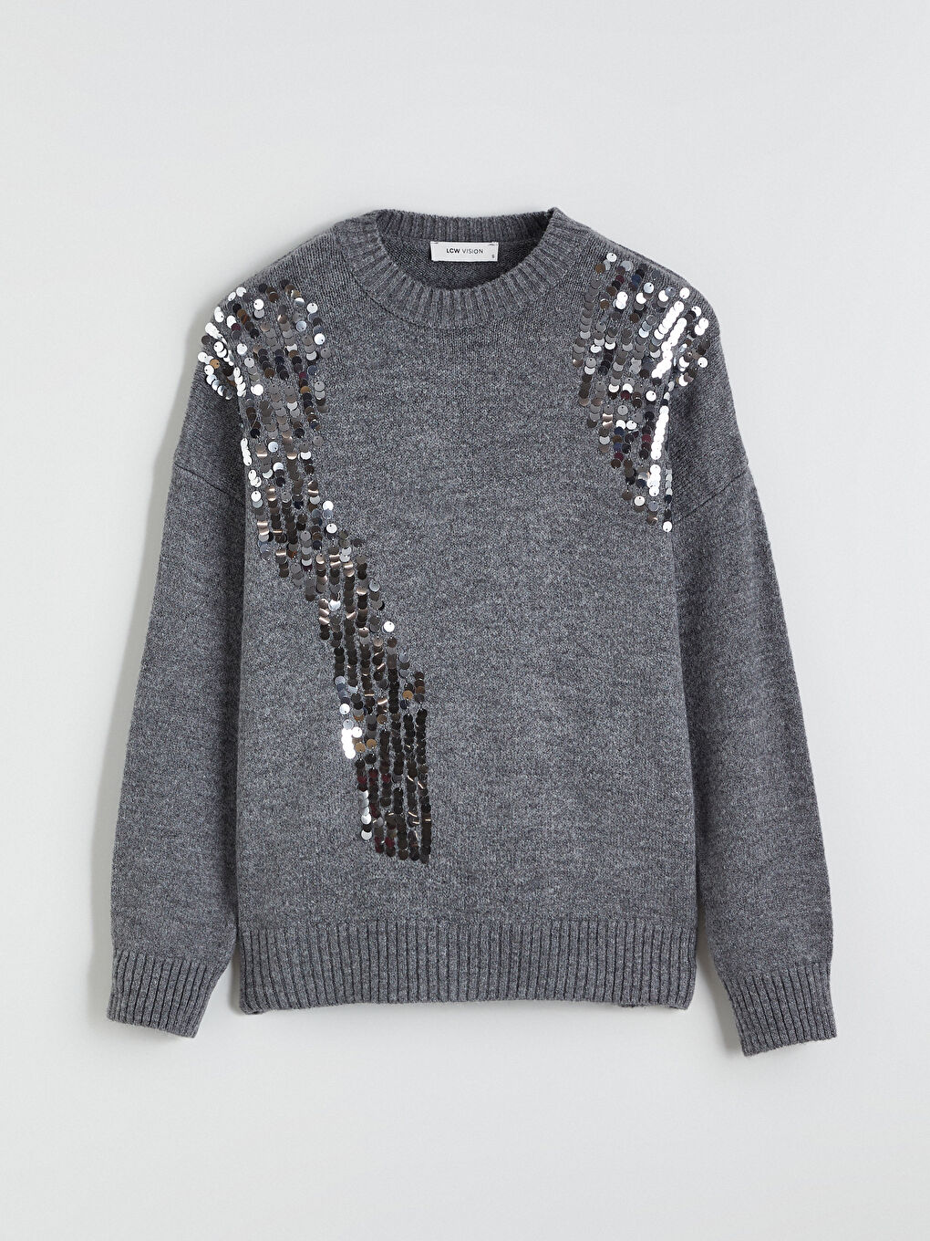 Antrasit Bisiklet Yaka Pul İşlemeli Kadın Triko Kazak-4