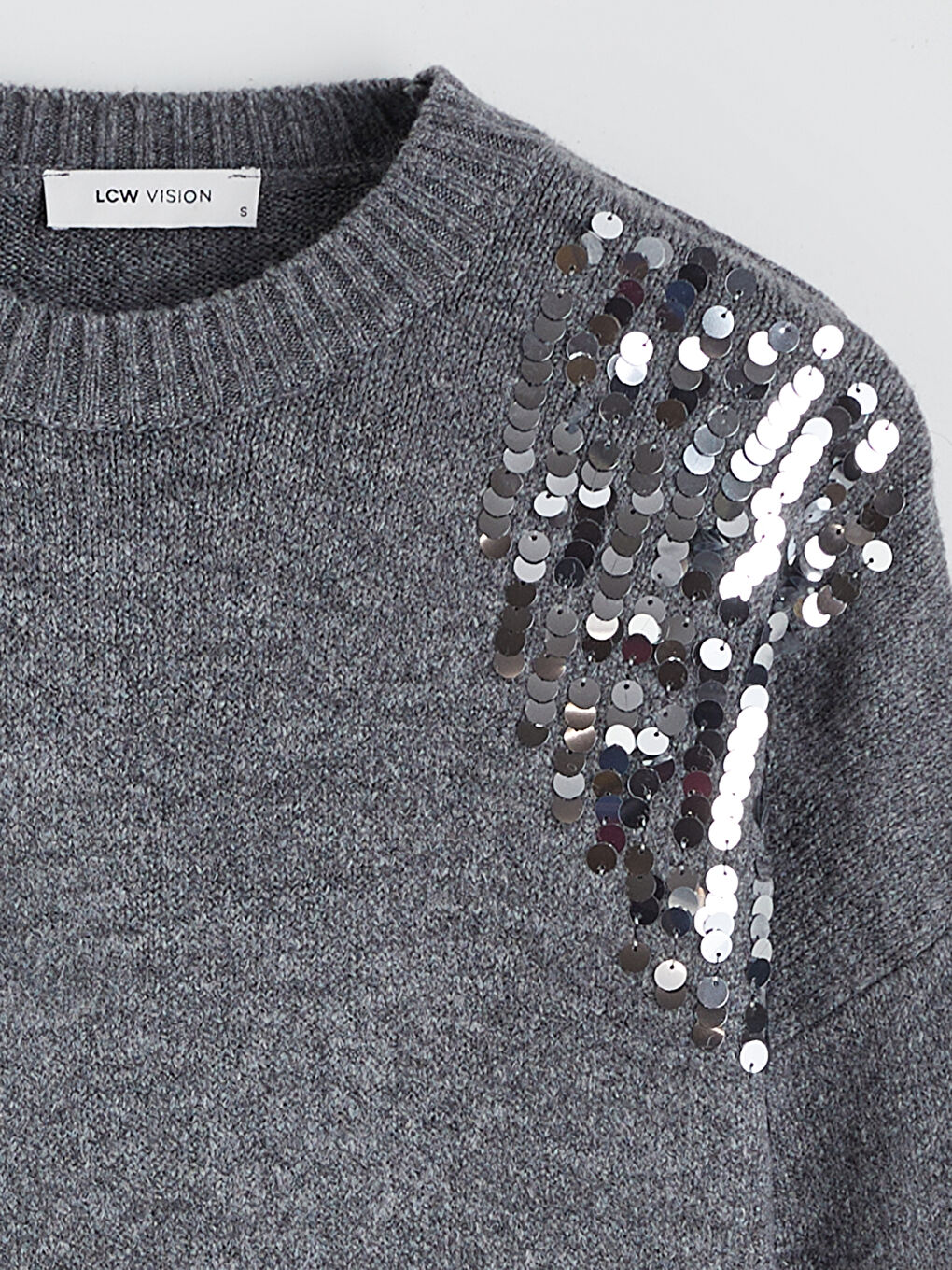 Antrasit Bisiklet Yaka Pul İşlemeli Kadın Triko Kazak-5