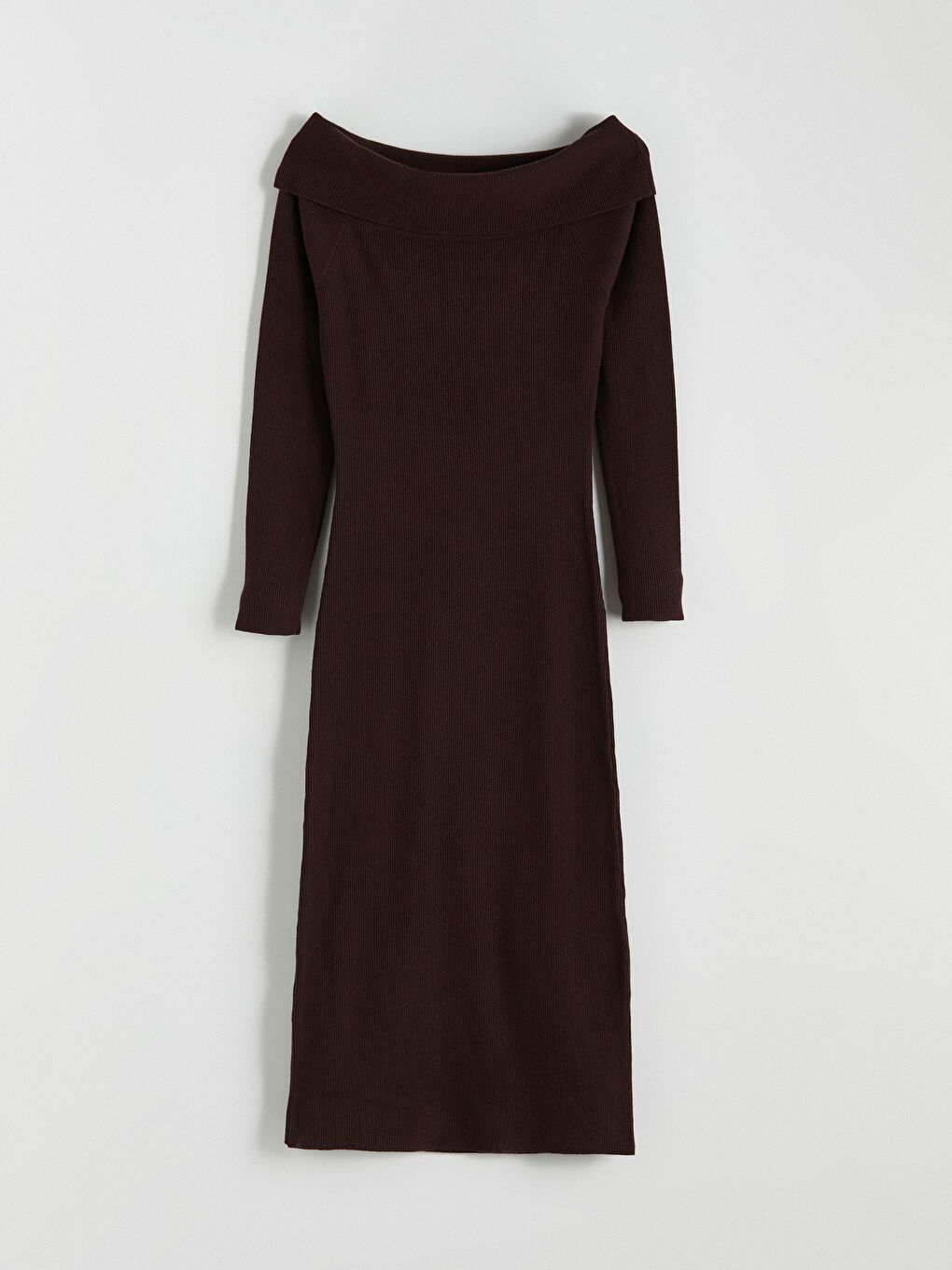 Kahverengi Kayık Yaka Triko Elbise-4