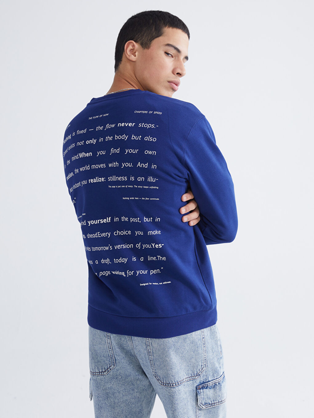 Lacivert Bisiklet Yaka Baskılı Kalın Erkek Sweatshirt