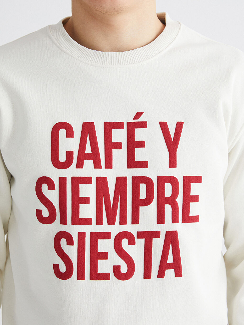 Bej Bisiklet Yaka Baskılı Erkek Kalın Sweatshirt-2