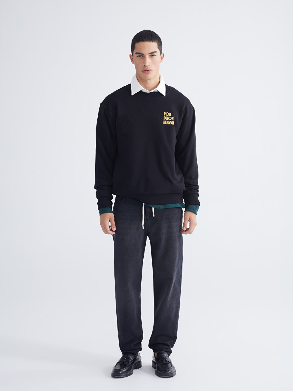 Siyah Bisiklet Yaka Baskılı Erkek Kalın Sweatshirt-1