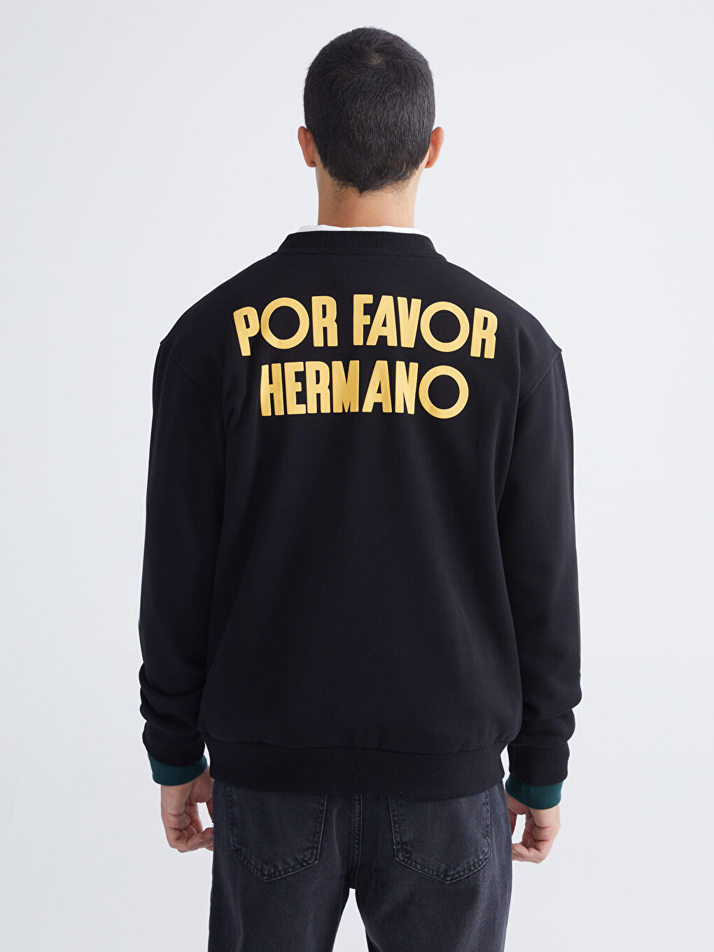 Siyah Bisiklet Yaka Baskılı Erkek Kalın Sweatshirt-3