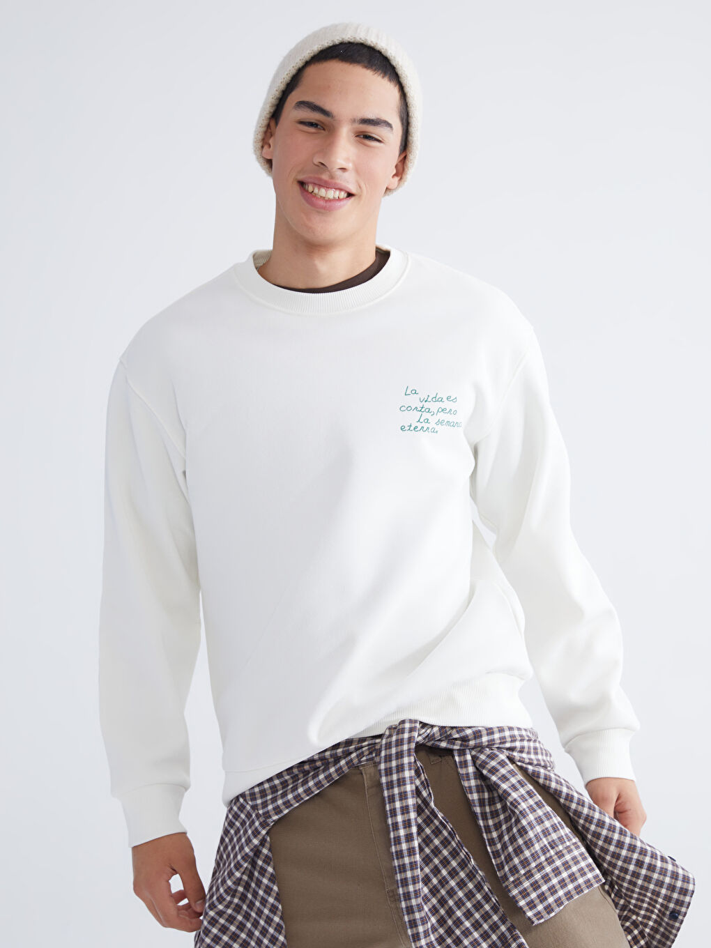 Ekru Bisiklet Yaka Baskılı Erkek Kalın Sweatshirt