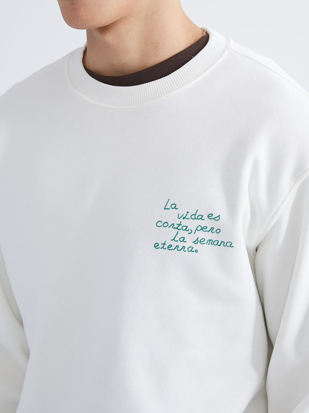 Ekru Bisiklet Yaka Baskılı Erkek Kalın Sweatshirt-2