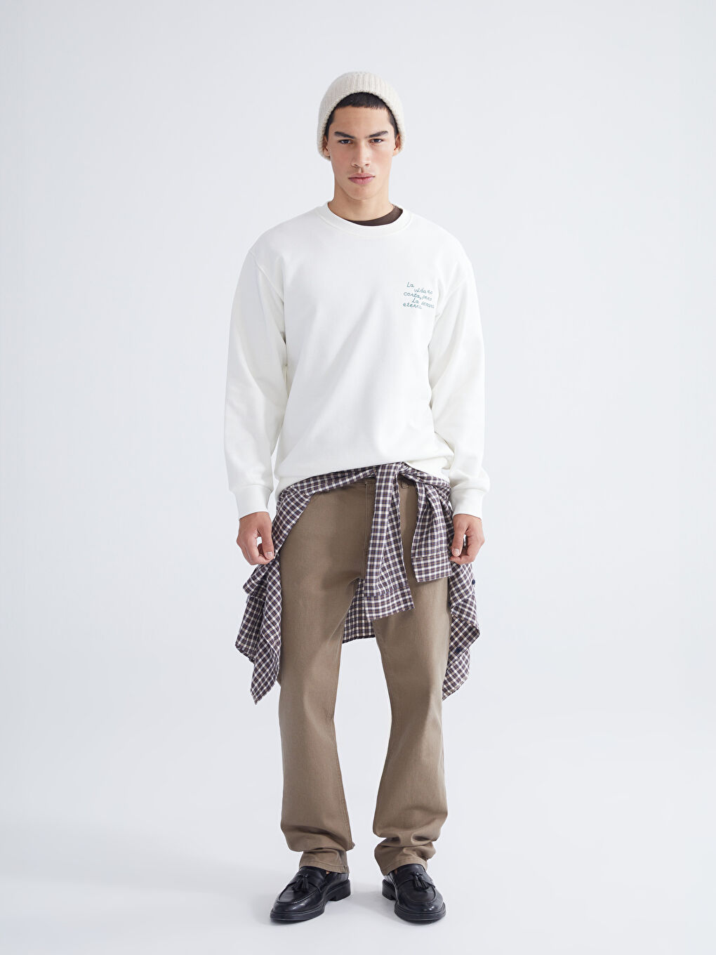 Ekru Bisiklet Yaka Baskılı Erkek Kalın Sweatshirt-3