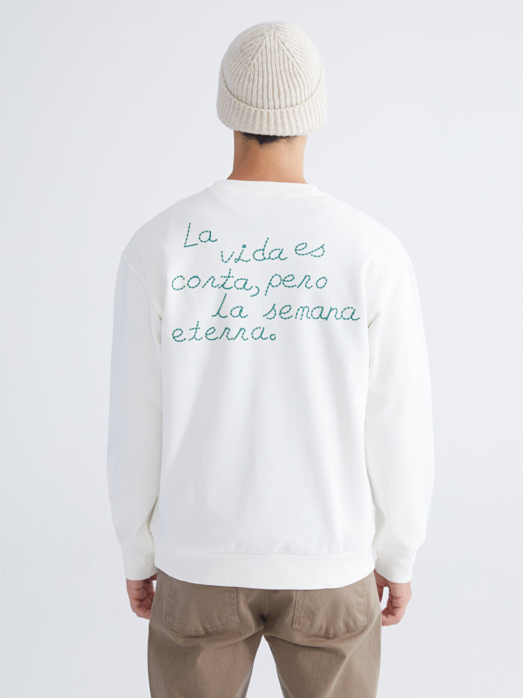 Ekru Bisiklet Yaka Baskılı Erkek Kalın Sweatshirt-4