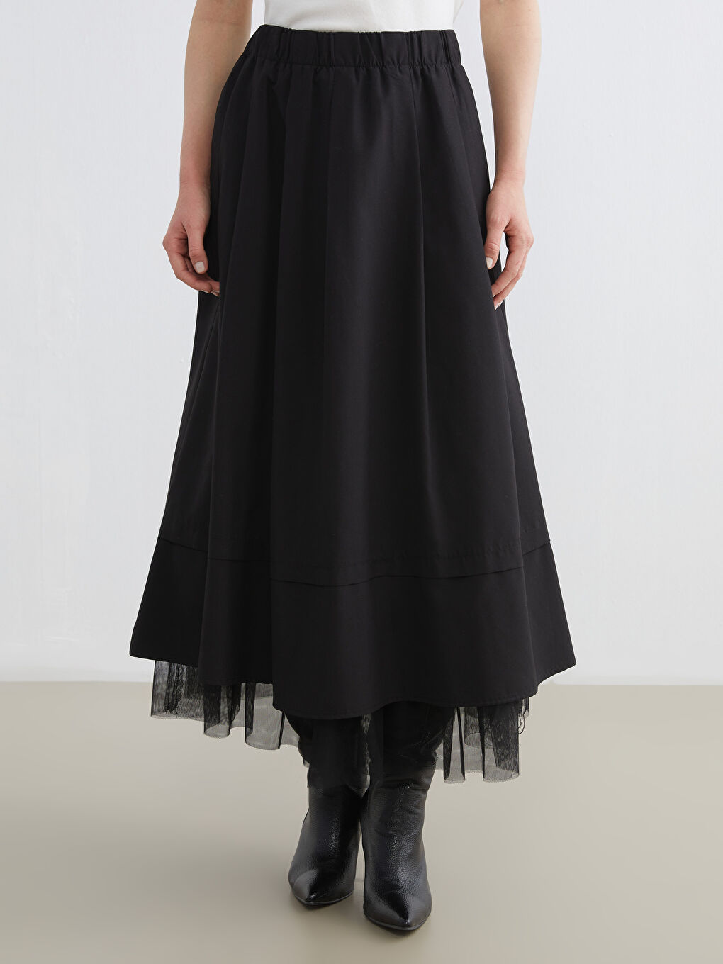 Siyah Beli Lastikli Poplin Kloş Etek-1