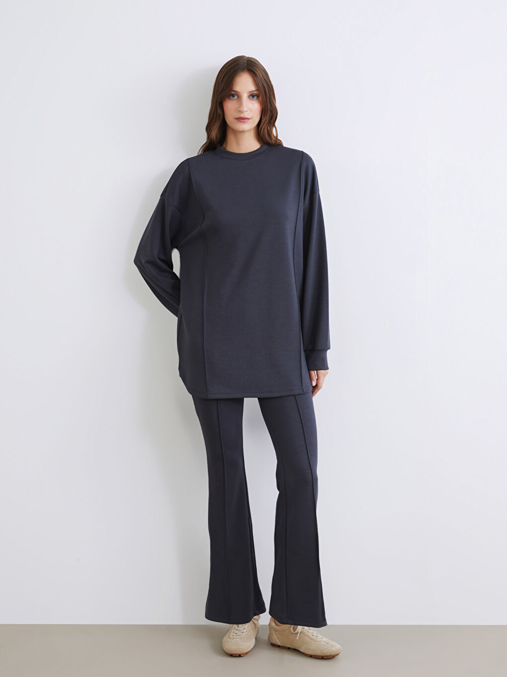 Antrasit Dik Yaka Kadın Sweatshirt Tunik-1