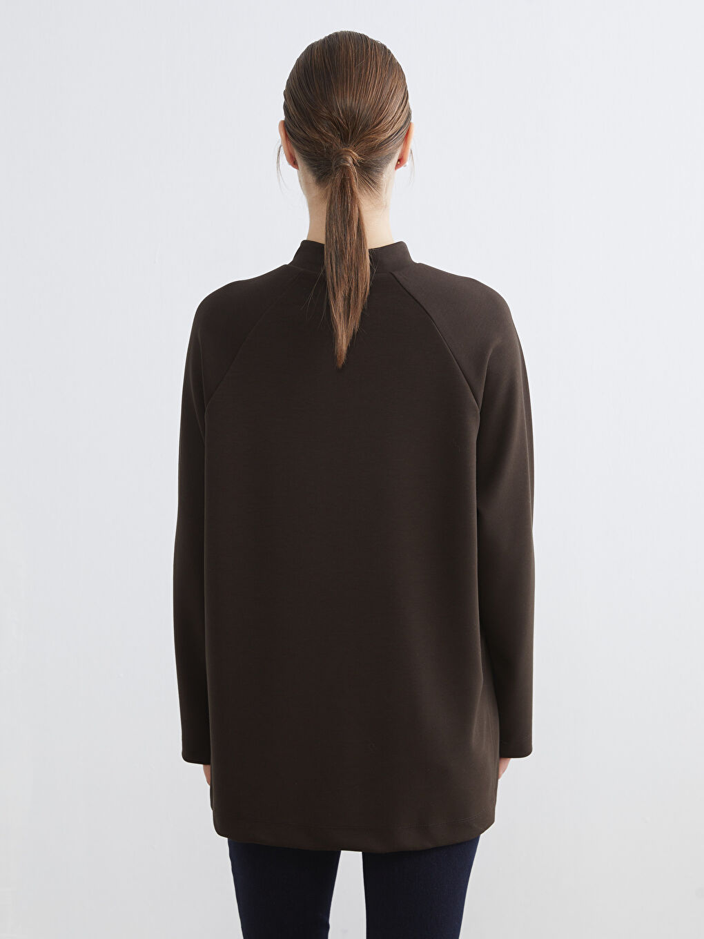 Kahverengi Dik Yaka Oversize Kadın Sweatshirt Tunik-3