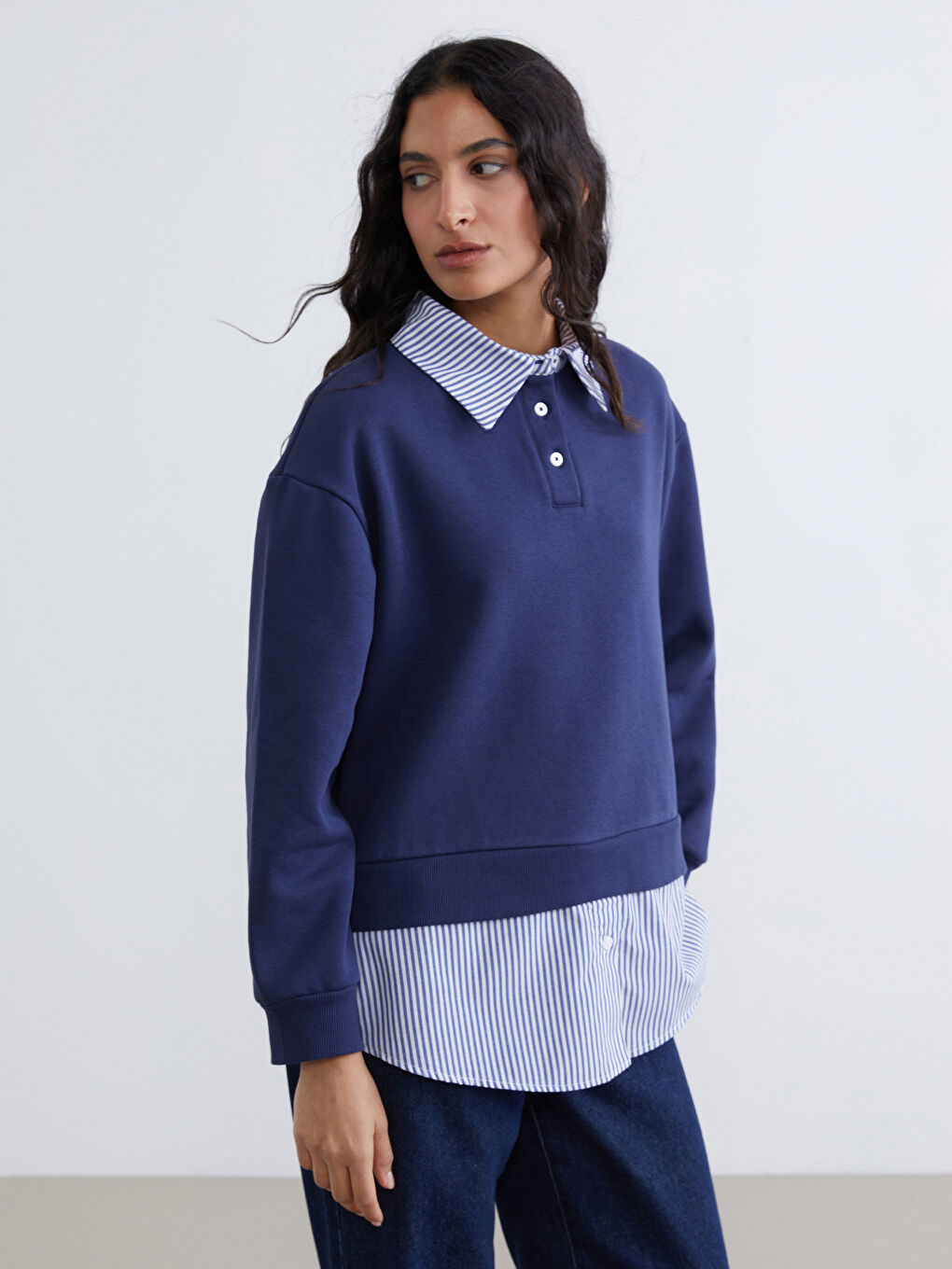 Lacivert Gömlek Yaka Çizgili Kadın Kalın Sweatshirt Tunik