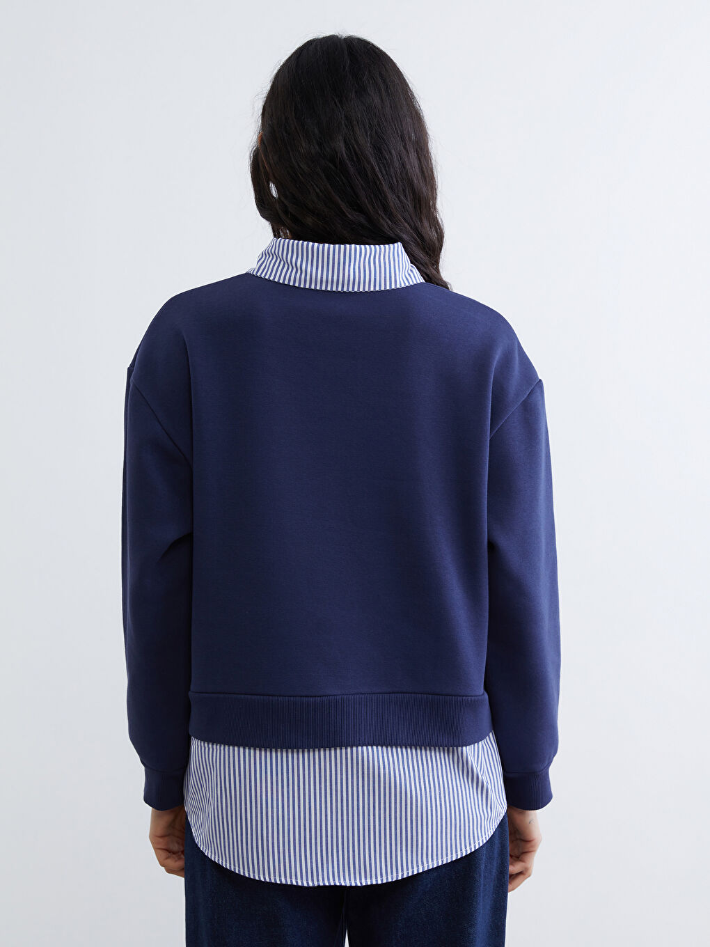 Lacivert Gömlek Yaka Çizgili Kadın Kalın Sweatshirt Tunik-3