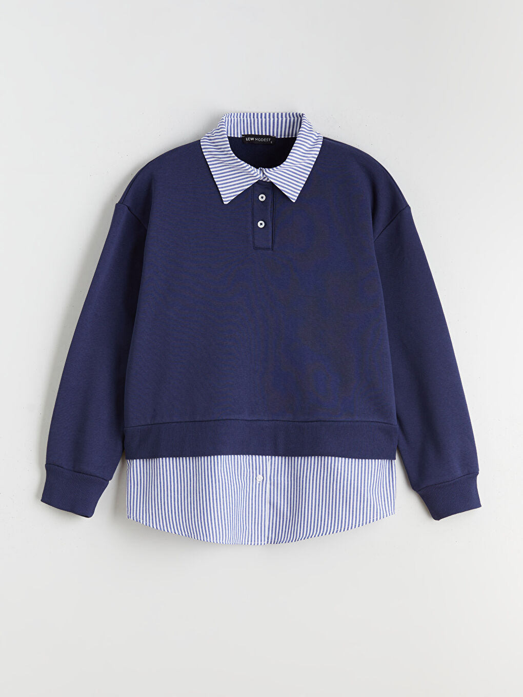 Lacivert Gömlek Yaka Çizgili Kadın Kalın Sweatshirt Tunik-4