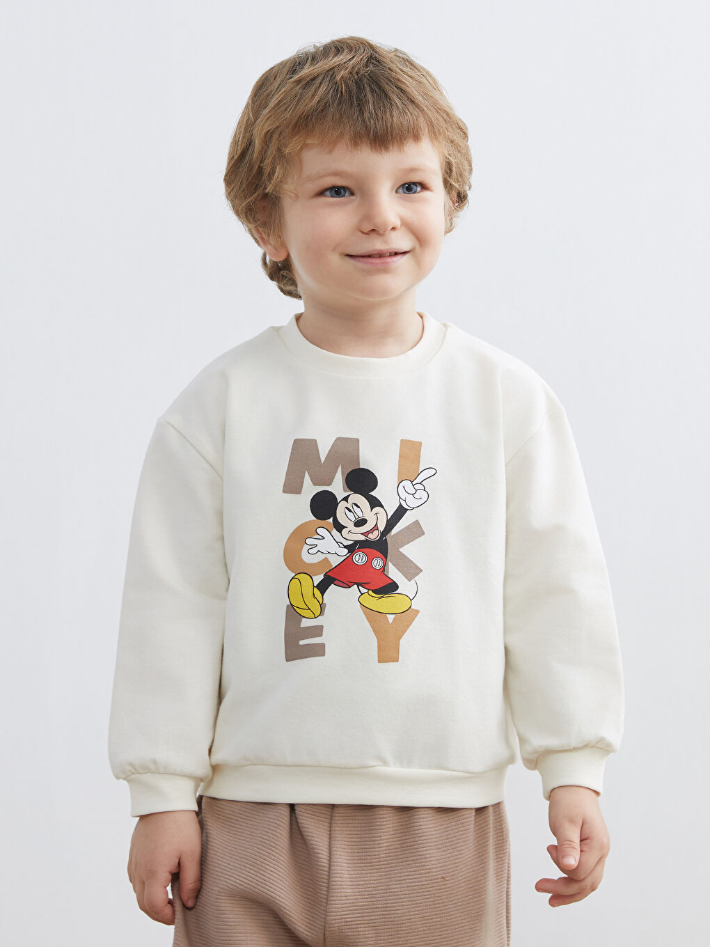 Bej Mickey Mouse Baskılı Erkek Bebek Sweatshirt ve Eşofman Alt 2'li Takım