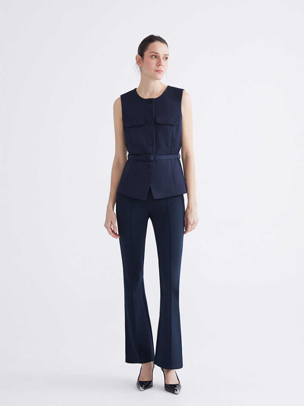 Lacivert Bisiklet Yaka Beli Kemerli Kadın Yelek-1