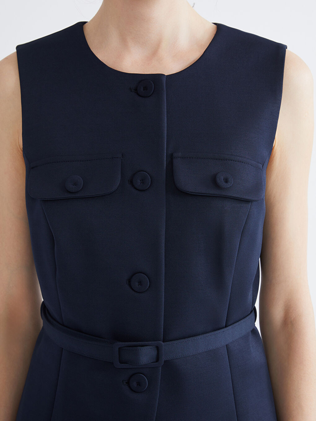 Lacivert Bisiklet Yaka Beli Kemerli Kadın Yelek-2