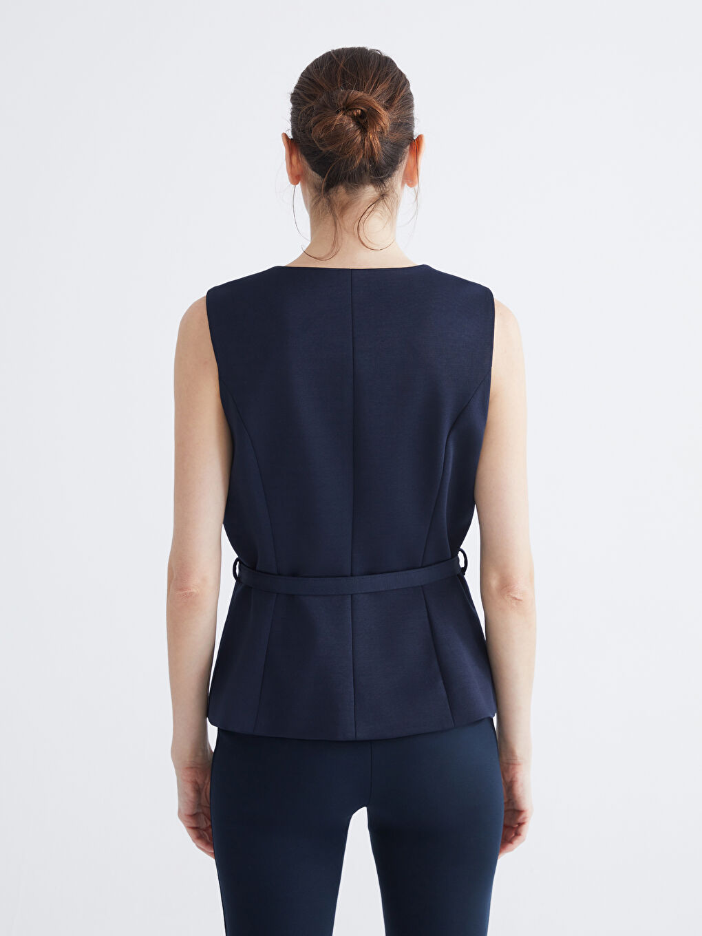 Lacivert Bisiklet Yaka Beli Kemerli Kadın Yelek-3