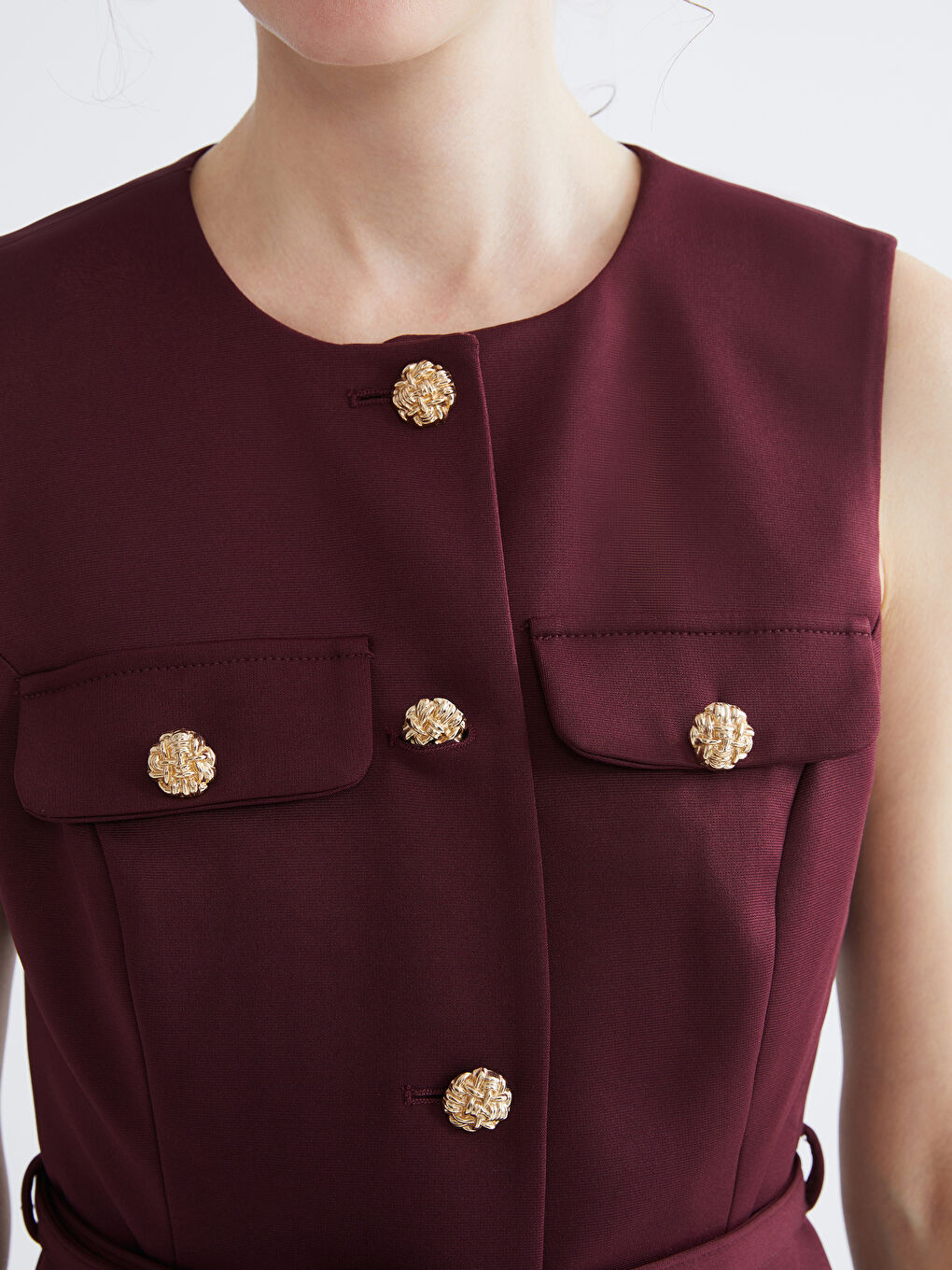 Bordo Bisiklet Yaka Beli Kemerli Kadın Yelek-2