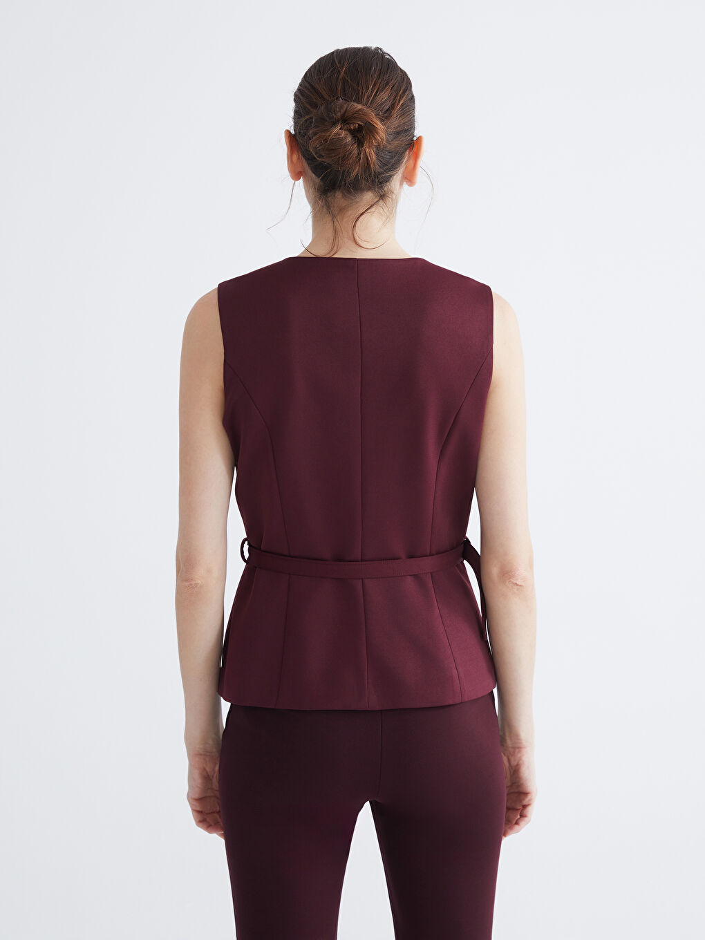 Bordo Bisiklet Yaka Beli Kemerli Kadın Yelek-3