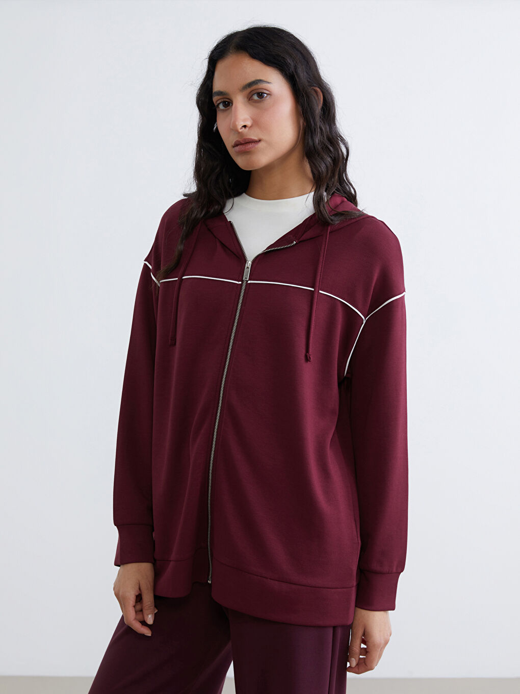 Bordo Kapüşonlu Oversize Kadın Fermuarlı Sweatshirt