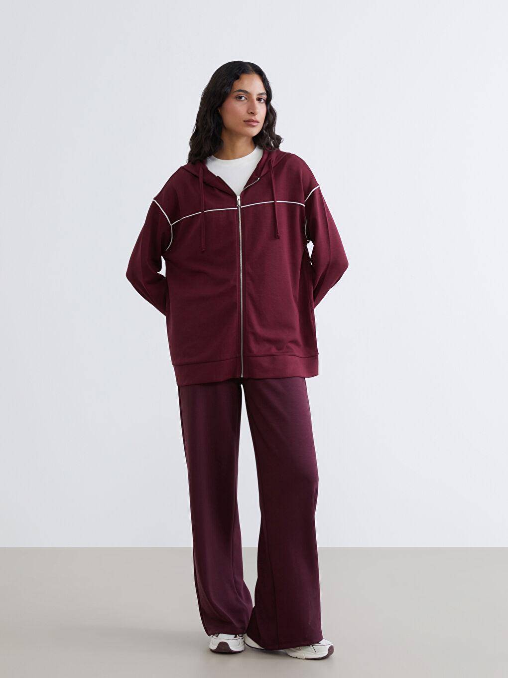 Bordo Kapüşonlu Oversize Kadın Fermuarlı Sweatshirt-1