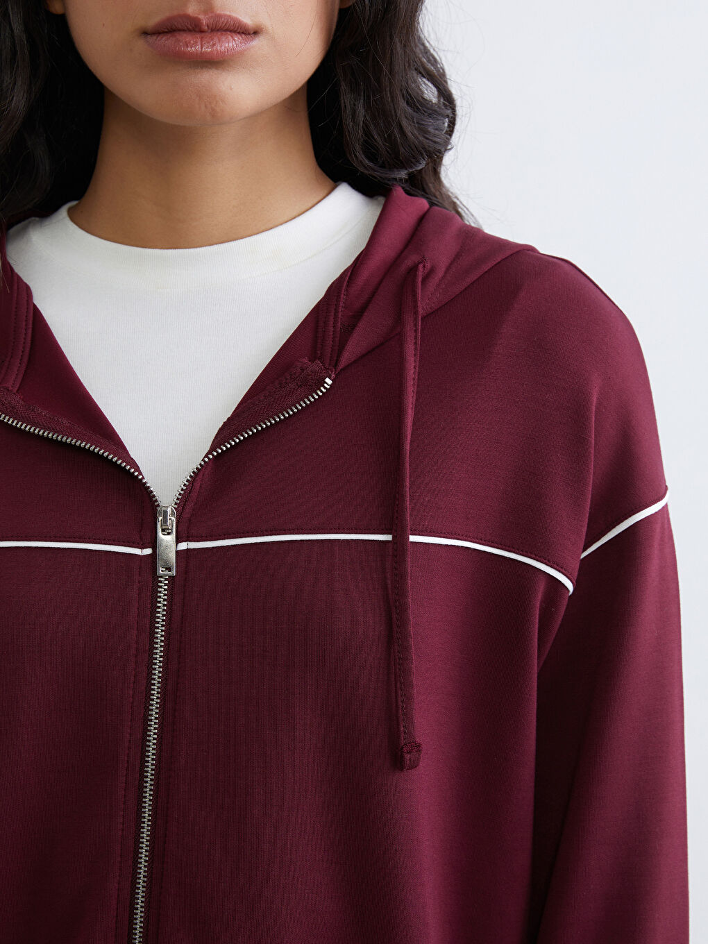 Bordo Kapüşonlu Oversize Kadın Fermuarlı Sweatshirt-2