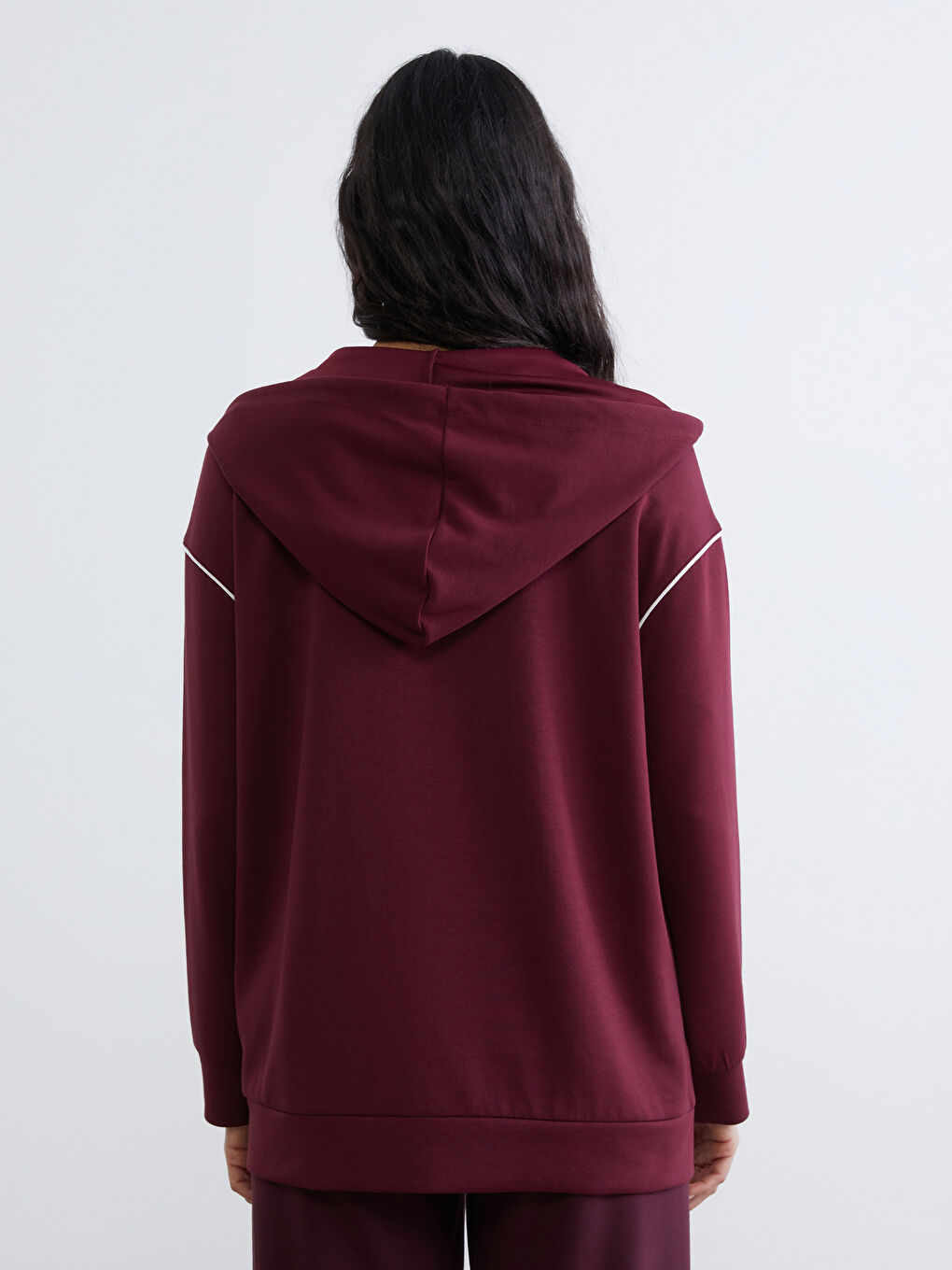 Bordo Kapüşonlu Oversize Kadın Fermuarlı Sweatshirt-3