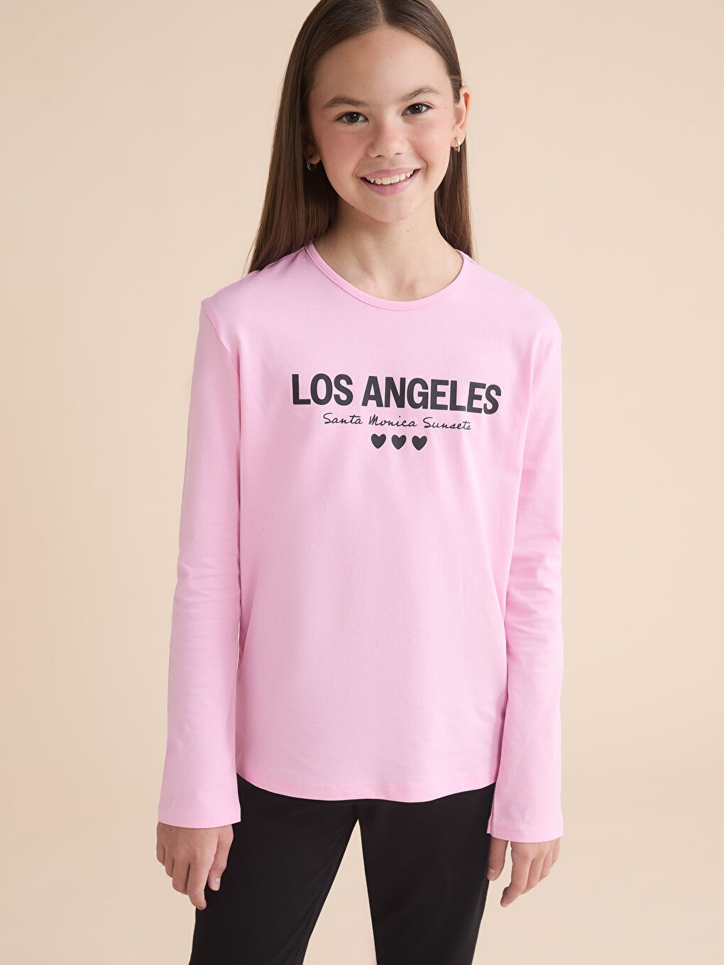 Pembe Bisiklet Yaka Los Angeles Baskılı Kız Çocuk Pijama Takımı-1