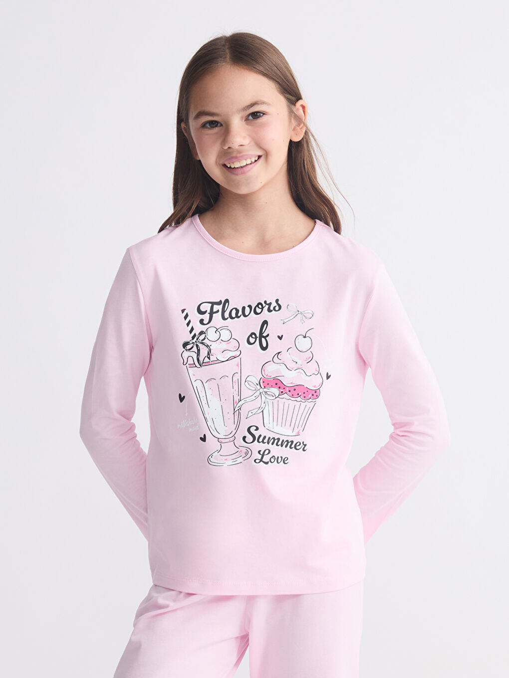 Pembe Bisiklet Yaka Kız Çocuk Pijama Takımı-1