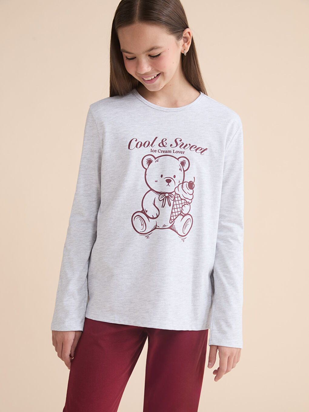 Gri Bisiklet Yaka Kız Çocuk Pijama Takımı-1