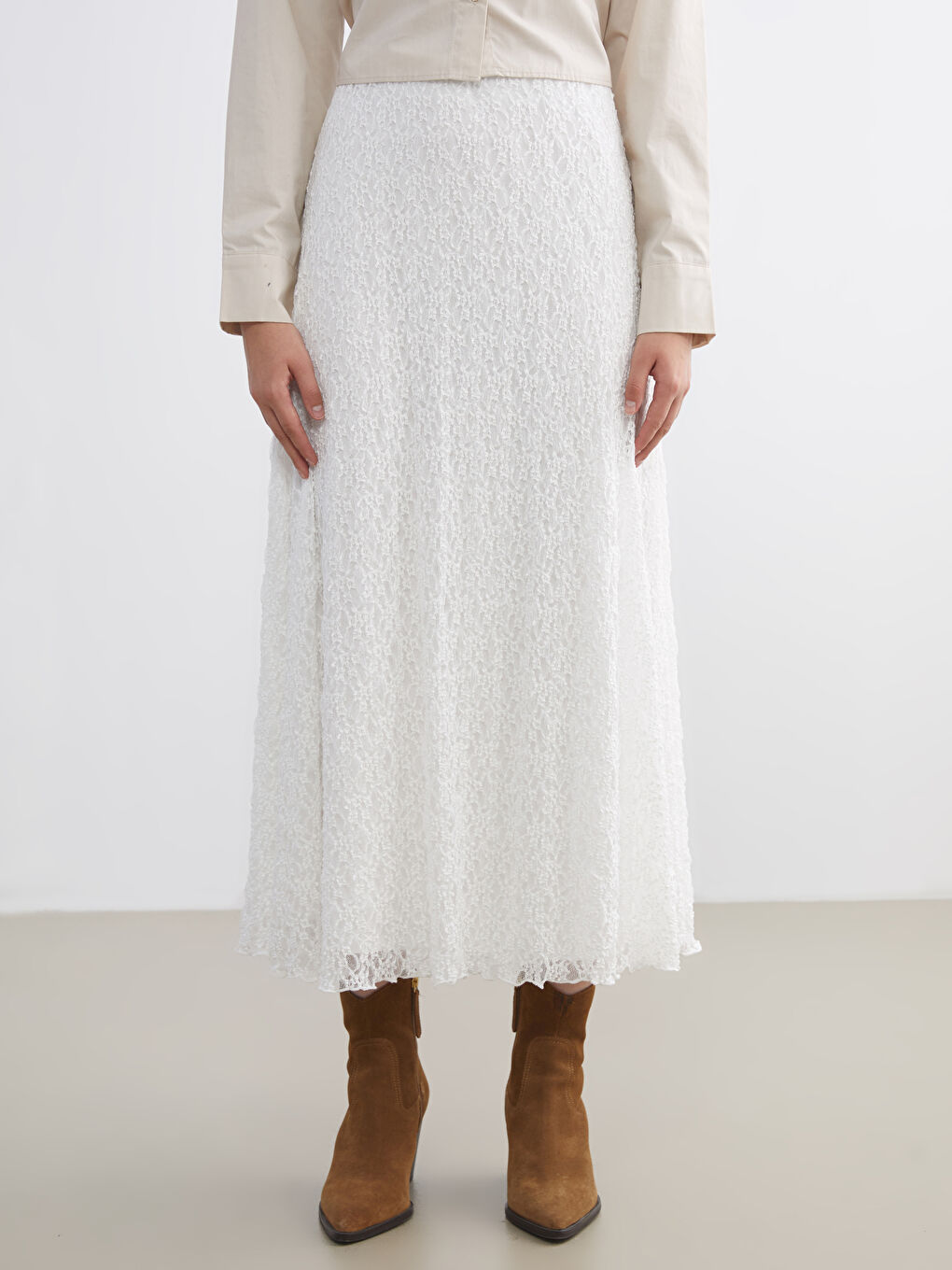 Ekru Beli Lastikli Ajurlu Dantelli Etek-1