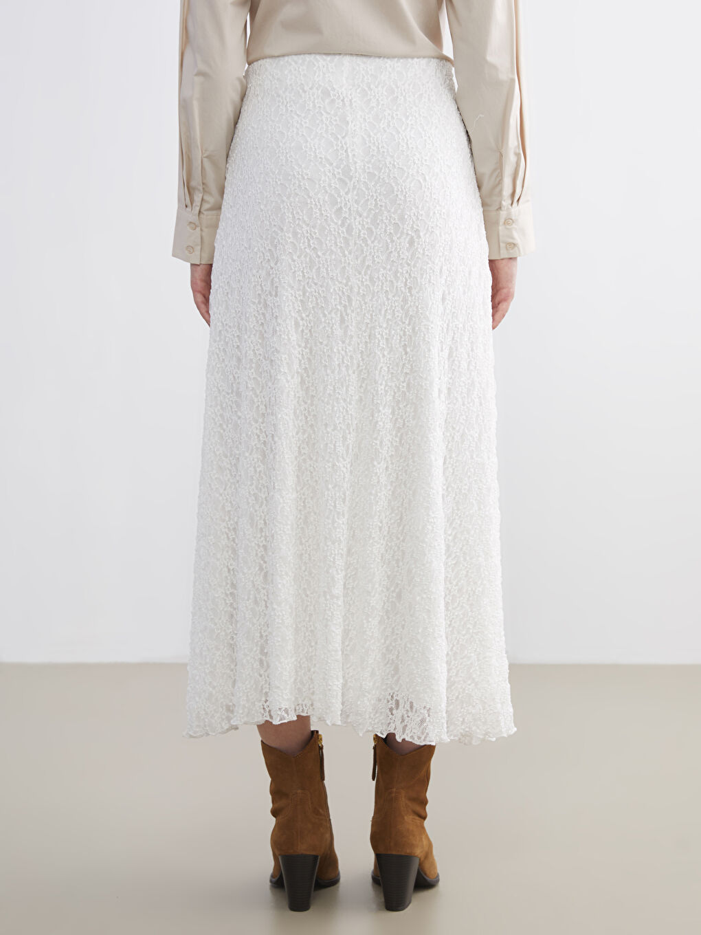 Ekru Beli Lastikli Ajurlu Dantelli Etek-3