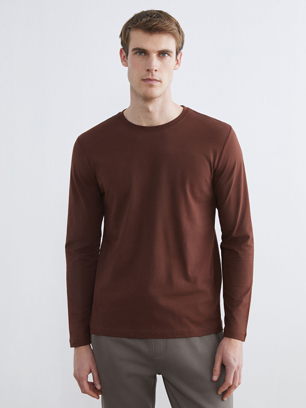 Kahverengi Bisiklet Yaka Uzun Kollu Erkek Tişört