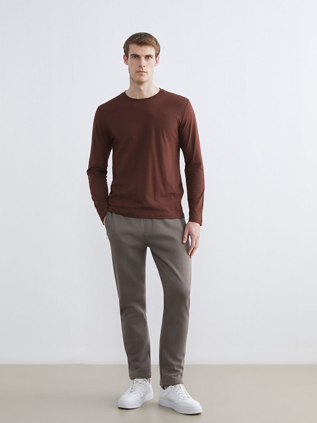 Kahverengi Bisiklet Yaka Uzun Kollu Erkek Tişört-1