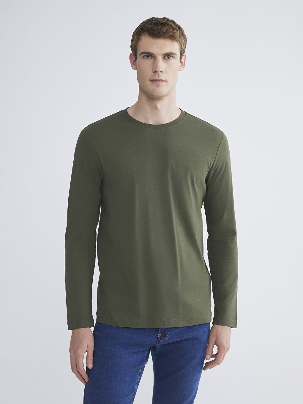 Haki Bisiklet Yaka Uzun Kollu Erkek Tişört