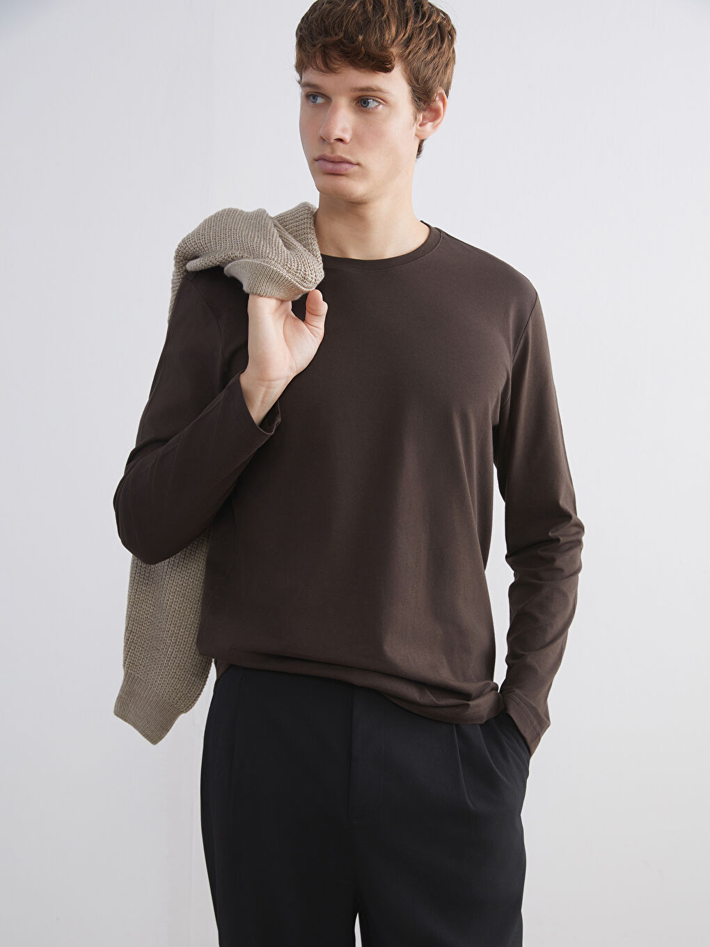 Kahverengi Bisiklet Yaka Uzun Kollu Erkek Tişört