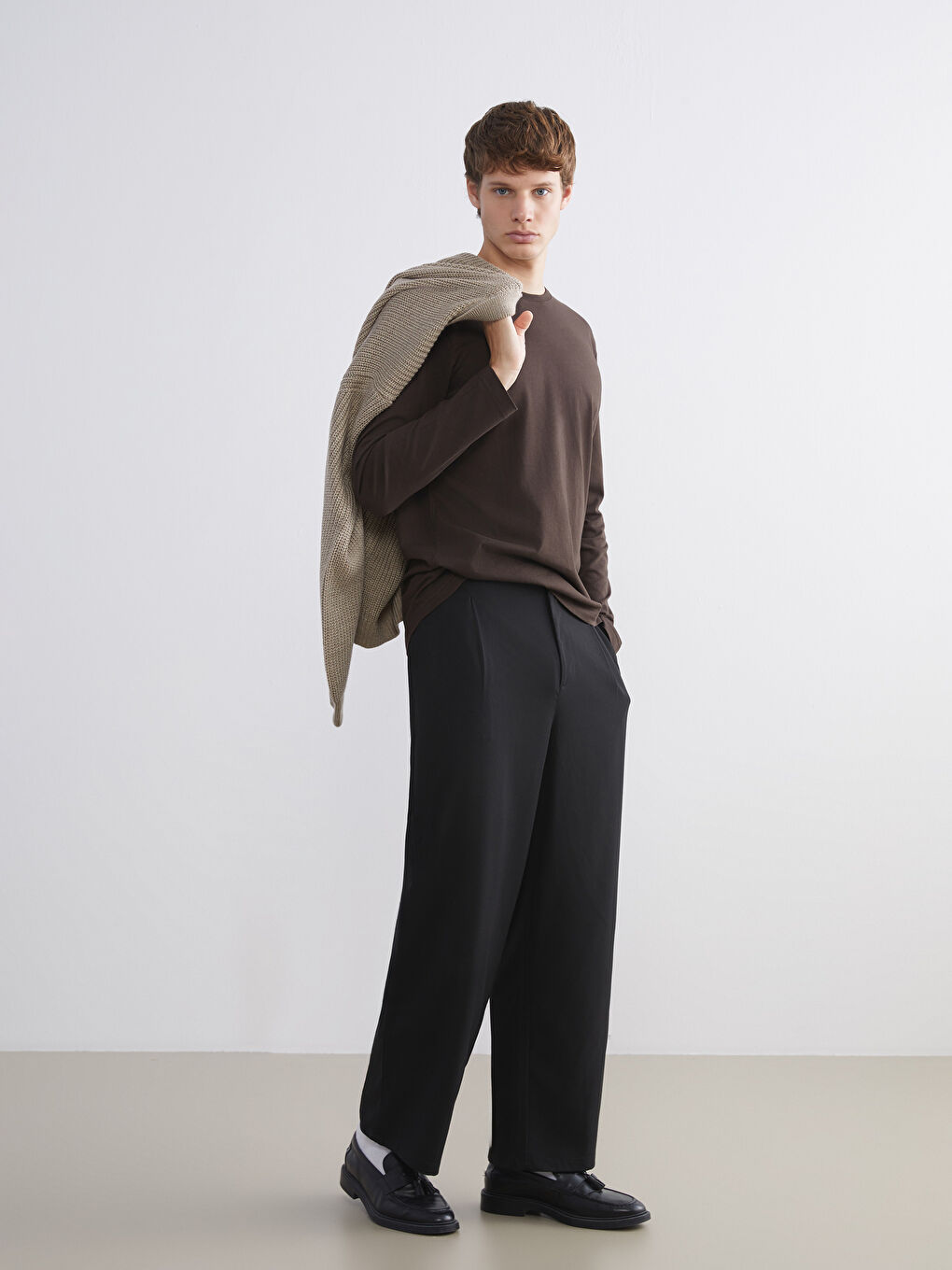 Kahverengi Bisiklet Yaka Uzun Kollu Erkek Tişört-1