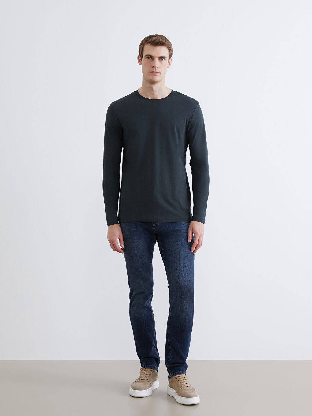 Haki Bisiklet Yaka Uzun Kollu Erkek Tişört-1