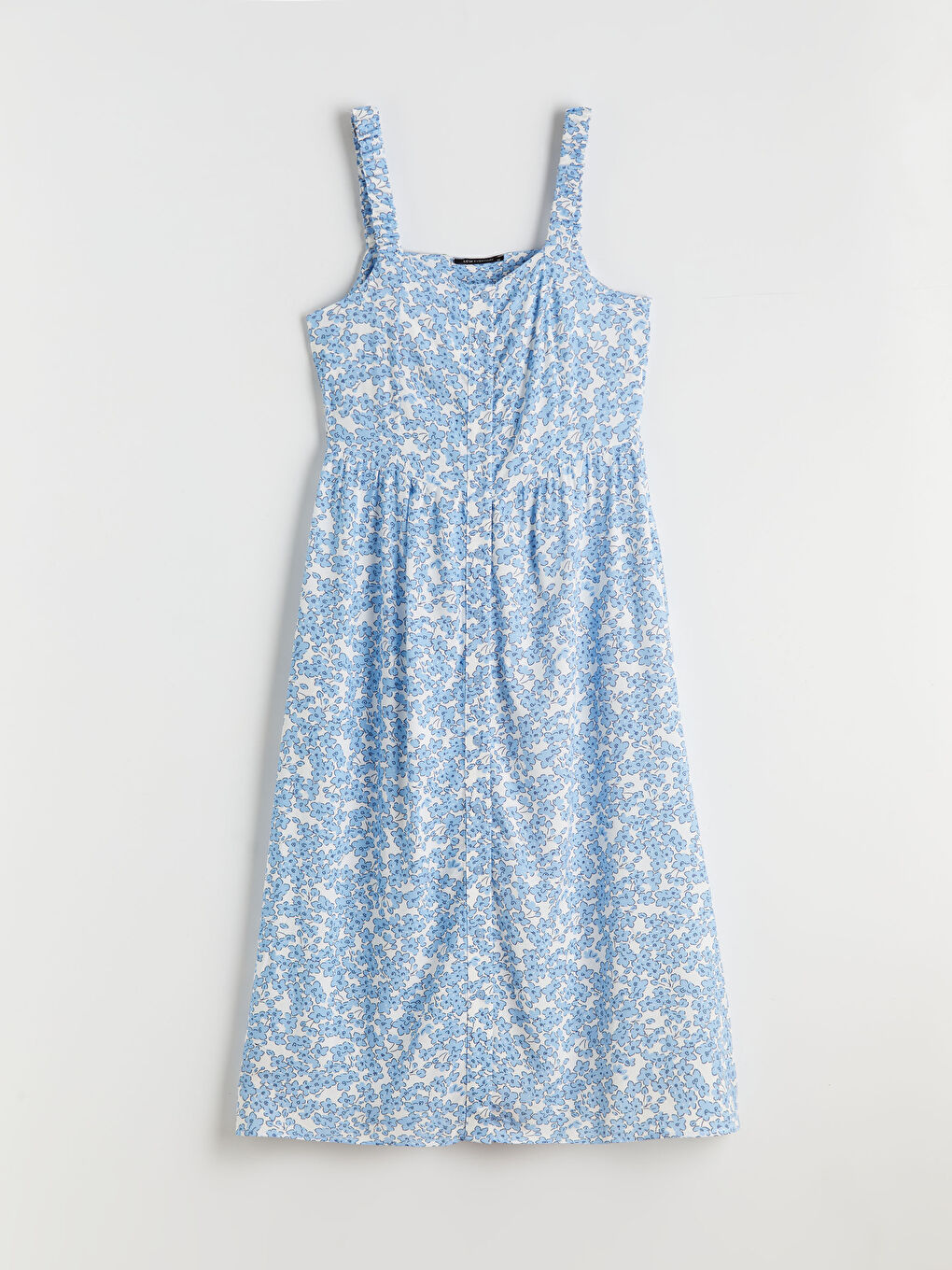 Mavi Kare Yaka Çiçekli Elbise-5