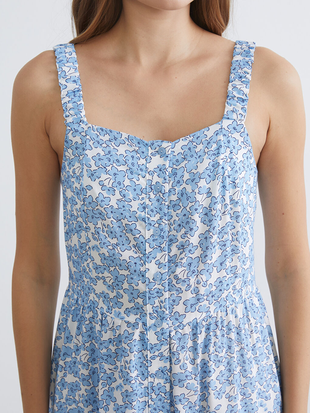 Mavi Kare Yaka Çiçekli Elbise-2