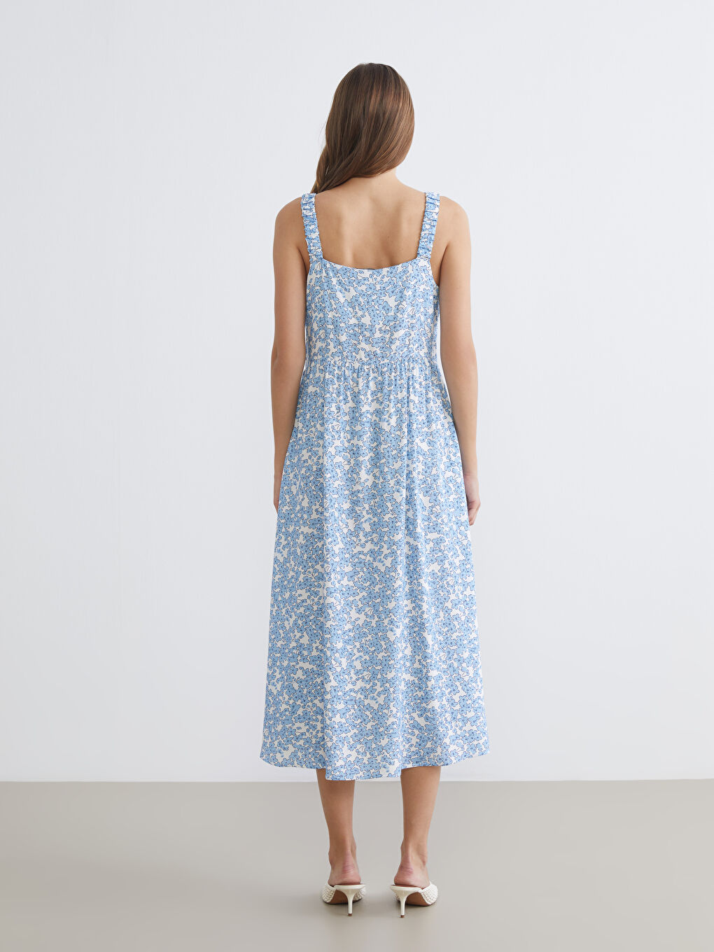 Mavi Kare Yaka Çiçekli Elbise-3