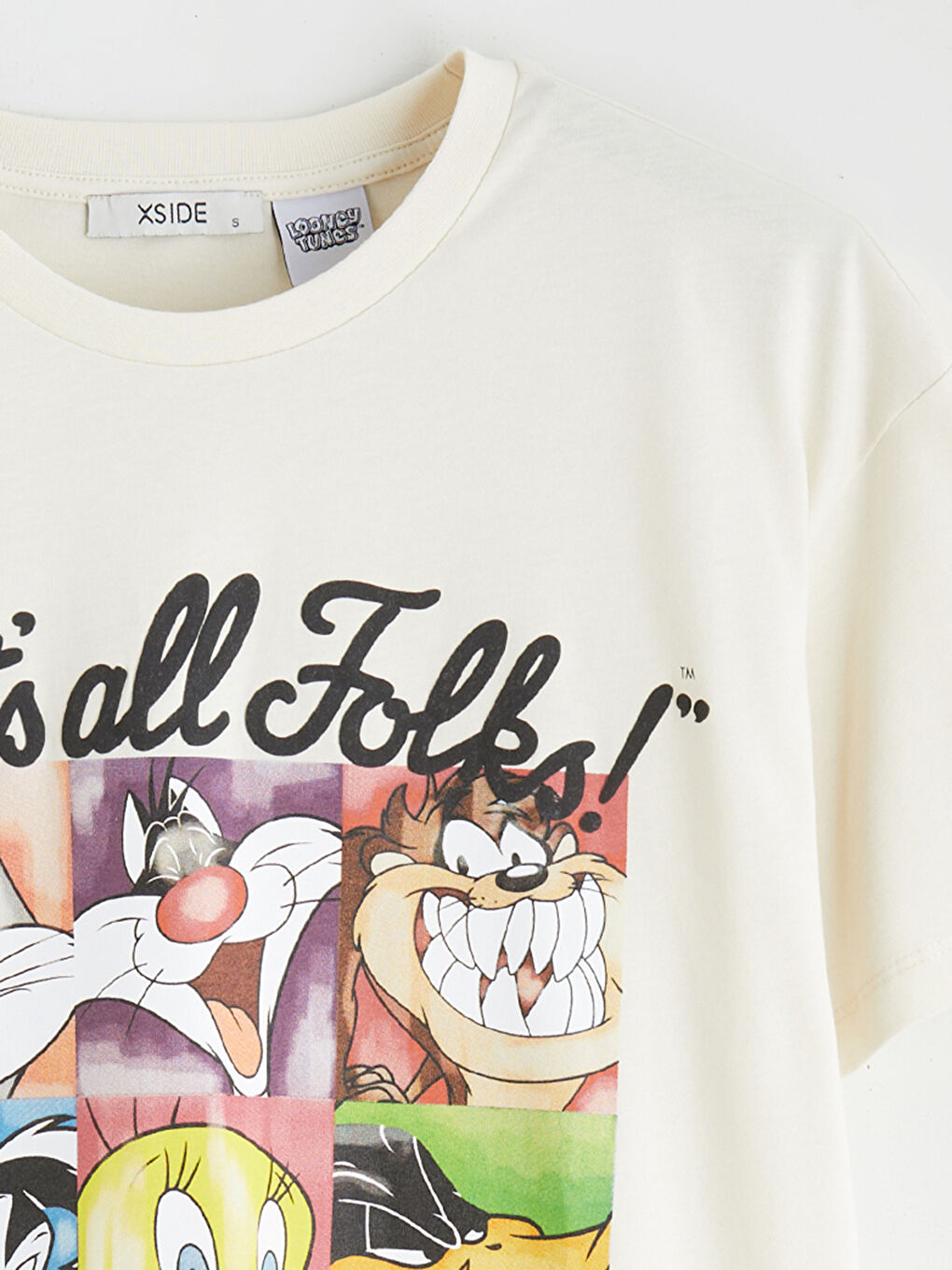 Bej Bisiklet Yaka Looney Tunes Baskılı Kadın Tişört-5