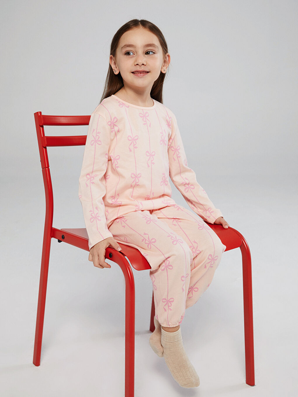 Pembe Bisiklet Yaka Fiyonk Baskılı Kız Çocuk Pijama Takımı